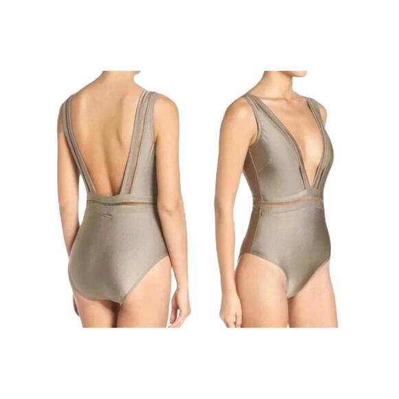 Ted Baker Pointelle Deep V Swimsuit Womens TB 1 / US 4 Khaki Olive Green Ton NWT - Picture 2 of 12